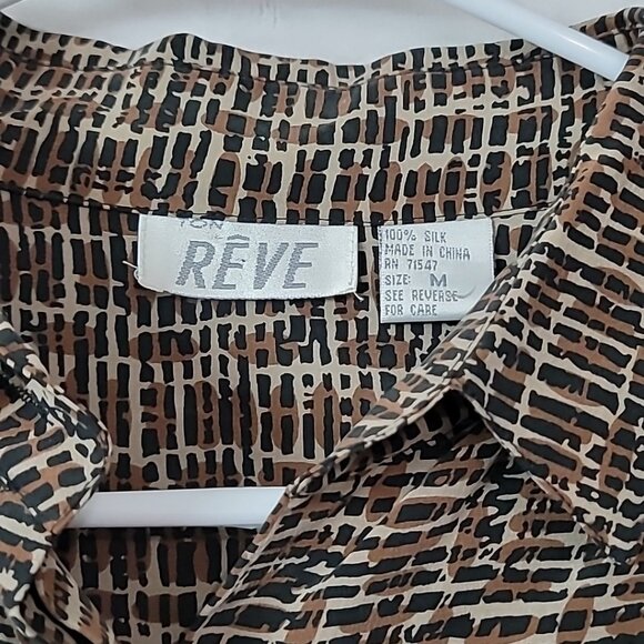 Vintage Reve Women's 100% Silk Button Front Blouse Size Medium Black Brown - Picture 3 of 10